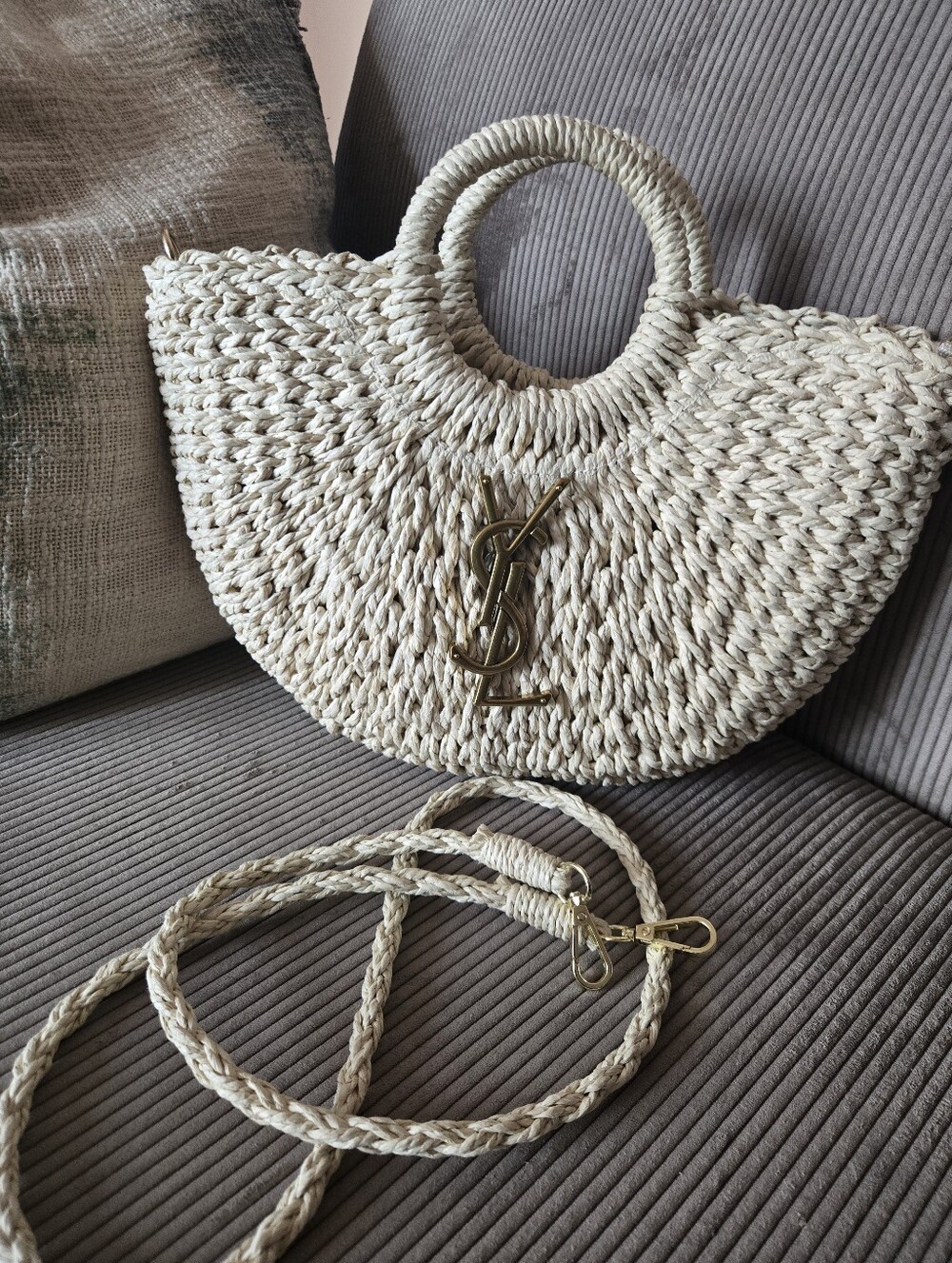 Saint Laurent Cream Braided Straw Tote with Gold YSL Emblem